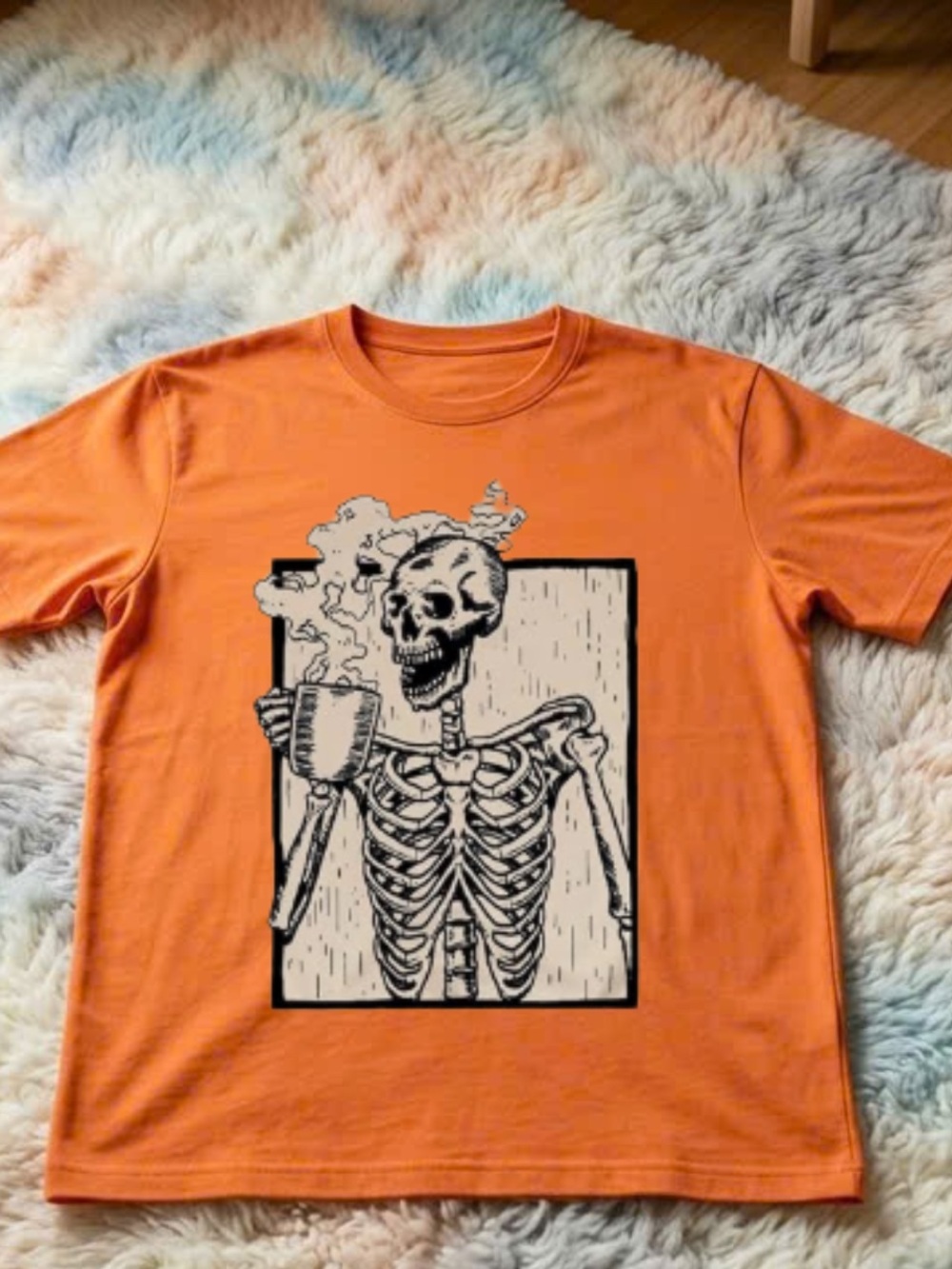 Gildan Orange Short Sleeve Tee with Black-and-Cream Skeleton Coffee Graphic